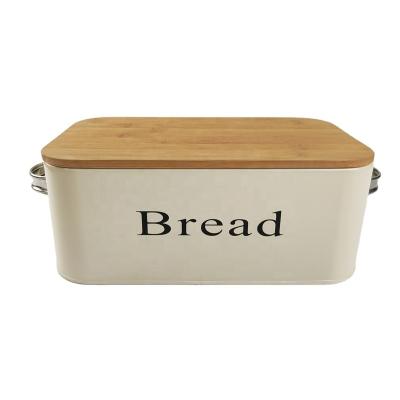 China 2020 Freshness Preservation Hit Vintage Metal Bread Box Food Storage Container With Cutting Board Lid Bamboo Bread Bin For Kitchen Countertop for sale