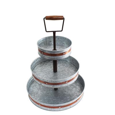 China 0.35mm Galvanized Steel Galvanized Three Tier Serving Rack Food Tray Platter Display Stand With Wooden Handle For Cake for sale