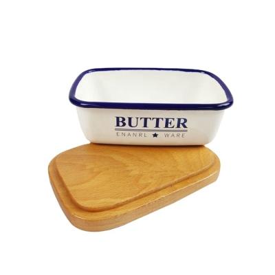 China Freshness Keeping Vintage Kitchen Porcelain Enamel Metal Butter Box Cheese Cow Butter Dish with Bamboo Wood Lid for sale