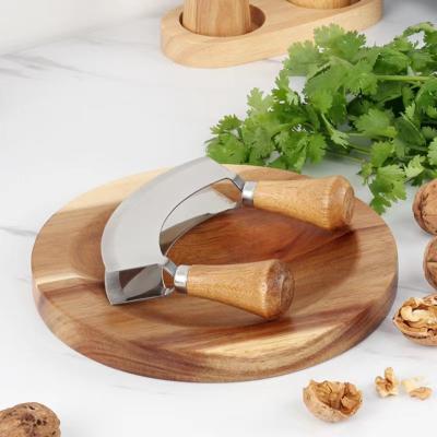 China Customized Viable Wooden Chopper Board Vegetable Acacia Logo Mezzaluna Chopper Knives Cut for sale