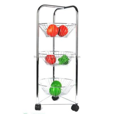 China Viable Kitchen Trolley Three Tier Maker Chrome Fruit Basket Storage Cart Rack Vegetable Rack With Wheels for sale