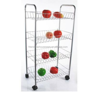 China Manufacturer Kitchen Trolley 4-Tier Chrome Fruit Basket Storage Cart Viable Vegetable Rack With Wheels for sale