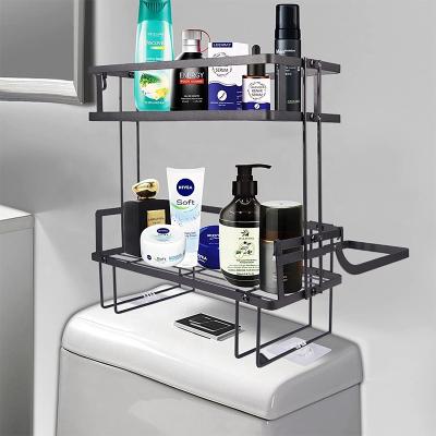 China Modern Bathroom Over The Toilet Storage Shelf, 2 TierCarbon Steel Bathroom Organizer Shelves With Paper Holder And Hanging Hooks, Black for sale