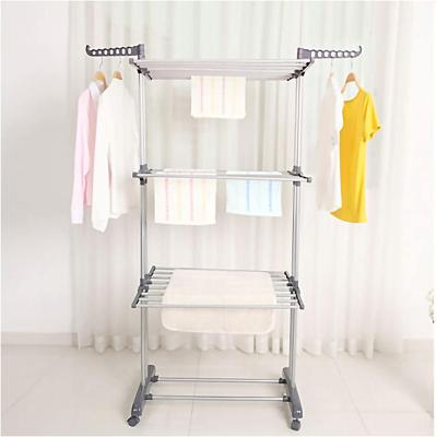 China Foldable Clothes Rack, 3-Layer Foldable Drying Rack, Large Adjustable Stainless Steel Clothes Washing Rack, with Foldable Wings, Silver for sale