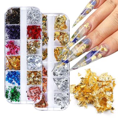 China Easy Apply 12 Holographic Nail Art Foil Chip Nail Kits Grid Decoration Gold Glitter High Quality Glitter Foil Nail Art Accessories for sale