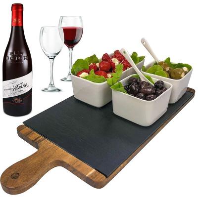 China Handmade 2 Piece Square Dipping Bowls Cheese Slate Board Elegant Serving Tray for sale