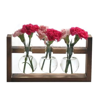 China Retro Handmade Glass Bulb Vase Planter Solid Wood Plant Stand For Hydroponics Plants for sale