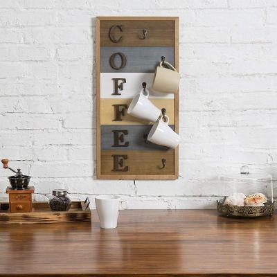 China Sustainable Rustic Multicolor Wooden Wall Mounted 6-Hook Coffee Cup Holder for sale