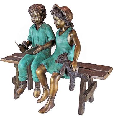 China Europe Outdoor Life Size Bronze Children Statue Cast Bronze Children Statue Sitting On Bench For Garden Display for sale