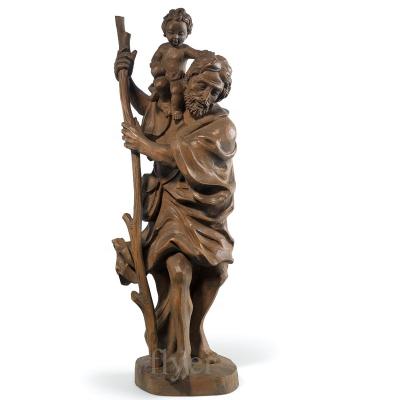 China Europe Figure Decorative Religious Antique Statue Cast Bronze Saint Christopher Holding Baby Jesus Statue for sale