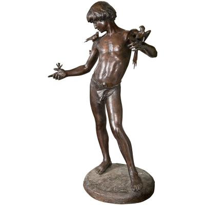 China Europe Metal Crafts Home Decor Lost Wax Bronze Statue Of The Boy With Birds for sale