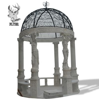 China Large Modern Outdoor Garden Stone Gazebo White Marble Gazebo With Lady Statue And Iron Top for sale