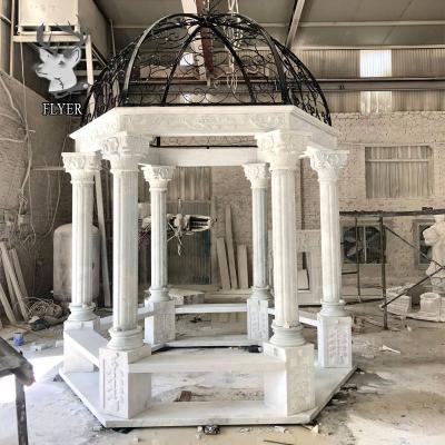 China EUROPEAN Greek Marble Column Wrought Iron Gazebo Hand Carved Polished White Carrara Marble Stone Gazebo for sale