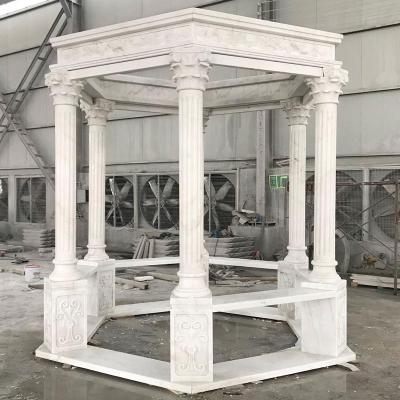 China Modern Stone Gazebos White Marble Garden Pavilion Gazebo With Metal Iron Roof for sale