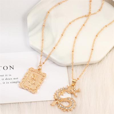 China New Vintage Chinese Style Zodiac Animal Gold Dragon Necklace Rose Men Necklace Crystal Rhinestone for sale