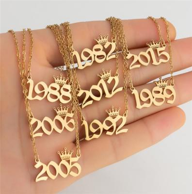 China New FASHIONABLE Stainless Steel Custom Number Birth Year Necklace Personalized Crown Year Necklace 1980-2019 for sale