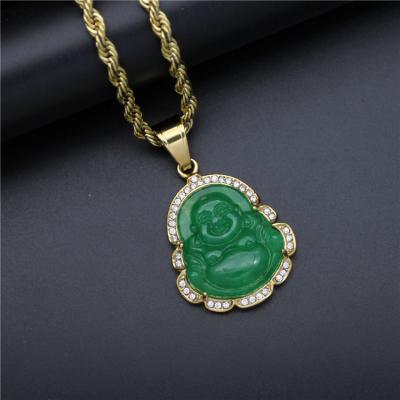 China 2020 FASHIONABLE Maitreya Wholesale Green Jade Buddha Necklace Stainless Steel Diamond CZ Agate Necklace for sale