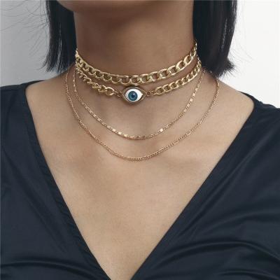 China Fashionable Multi Layer Cuban Chain Skeleton Blue Eye Link Chain Pendant Necklace 2020 for sale