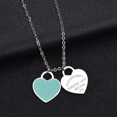 China Fashion Trendy Double Enamel Heart Necklace Link Chain FOREVERLOVE Stainless Steel Choker Necklace For Women Gift for sale