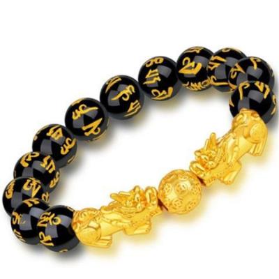 China Fashionable Natural Stone Obsidian Buddha Beads Mani Mantra Black Lucky Bracelet for sale