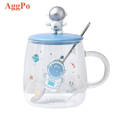 China Viable Cartoon Glass Three Dimensional Astronaut With Lid Spoon Cute Student Water Cup for sale