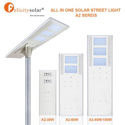 China Felicitysolar hot sales 100W WAREHOUSE road street outdoor garden all in one solar street light for government projects for sale