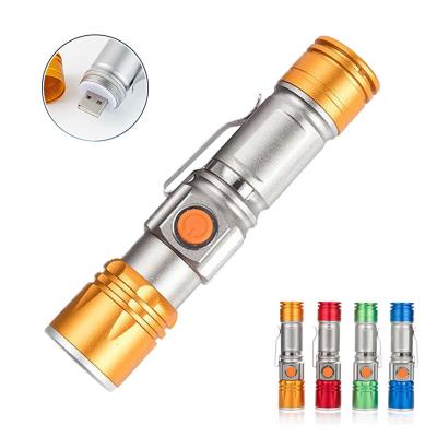 China USB Rechargeable LED Camping Flashlight 3 Modes Zoom Camping Mini Flash Lights Pen Clips Portable Torch T6 for sale