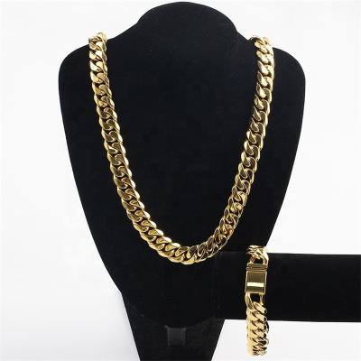 China Hiphop 18k Gold Chain Stainless Steel Gold Plated Flat Clasp Cuban Link Necklace Jewelry Chain Set for sale