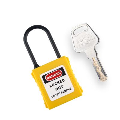 China Nylon PA Yellow 4mm Dia Keyed Alike Safety Padlock With Nylon Shackle For Industrial Lockout Tagout Against The Effects Of Electricity for sale