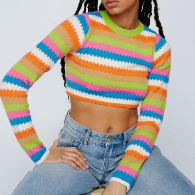 China Anti-wrinkle Sample Custom Women Sweater Tops Crew Neck Colorful Striped Pattern Woolen Knitted Pullover Cropped Sweater for sale