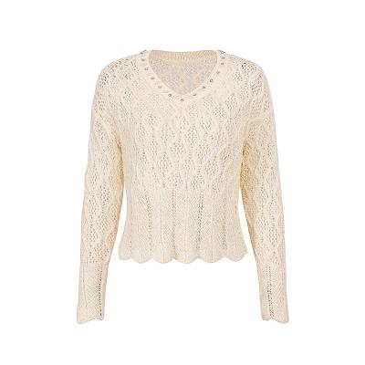 China Breathable 2023 Spring Summer New Women's European American Style V-Neck Long-Sleeved Mesh Knit Tops for sale