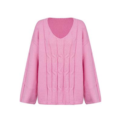 China Breathable New Design Long Sleeve V Neck Pink Color Women Casual Fashion Knitted Sweater for sale