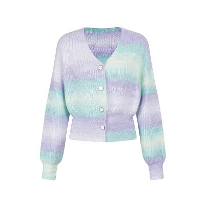 China Breathable Factory Wholesale Price Gradient Color Mohair Top Waist Button Women Cardigan Sweater for sale