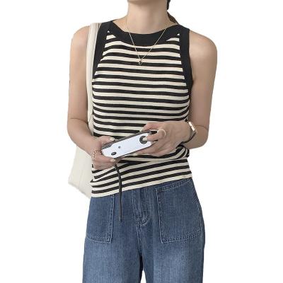 China QUICK DRY Summer Round Neck Striped Vest Women'S Short Slim Fit Sexy Sleeveless Ice Silk Needle Bottoming Sweater Inner Top Women for sale