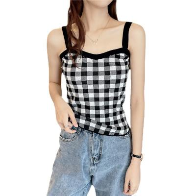 China QUICK DRY Women'S Knitted Plaid Crop Tops Women'S Straps Streetwear Blue Halter Tops Cute Women'S Crop Tops for sale