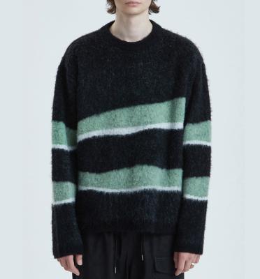 China Anti-pilling Men High Street Pattern Winter Mohair Sweater Striped 7gg Pullover Knitted Sweater Custom Logo Irregular Jacquard Sweater Mohair for sale