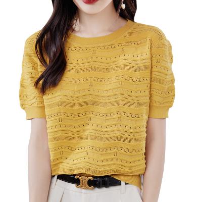 China Breathable 23 Summer Thin Hollow Solid Color Pullover Sweater Women's Korean-Style round Neck Loose Slimming Short Sleeve T-shirt Top for sale