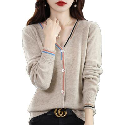 China Breathable Autumn and Winter New Cashmere Cardigan Women's V-neck Color-Block Long Sleeve Coat Sweater Loose Wool Knitted Outerwear Top for sale