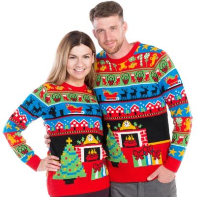 China Anti-pilling Custom Jacquard Knitted Couple Ugly Christmas Pullover Sweater Family Green Cotton Acrylic Sweater Woman Christmas Jumper for sale