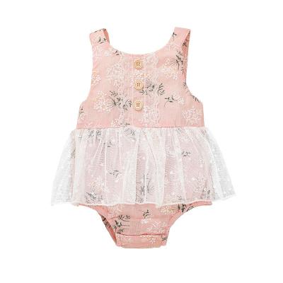 China 100% Cotton Summer O-Neck Baby Mesh Lace Soft Baby Overalls Floral Print Sleeveless Romper for sale