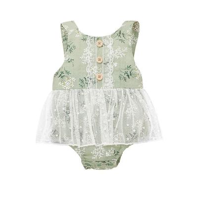 China Soft 100% Cotton Toddler Baby Girl Lace Mesh Flower Printed Cute O-Neck Sleeveless Romper for sale