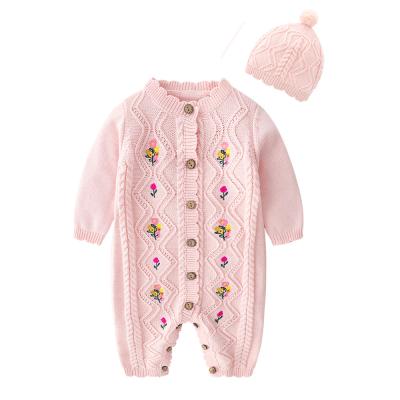 China CBL7049 New 100% Cotton Knitted Autumn Wool Baby Embroidered Creeper With Hat Baby Winter One-Piece Romper Sets Clothes for sale