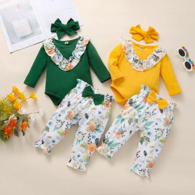 China CTY2782 Girl's anti-shrink fall and winter horn long sleeve romper set clothes floral girls three piece set wholesale for sale