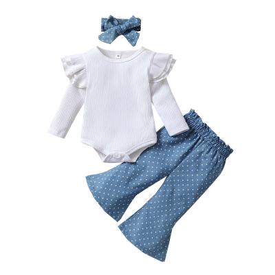 China New CMY07 Toddler Girl Panties Anti-Shrink Sweater Sets Denim Wave Stitch Slim Bell Bottoms Headband Kids Three Piece Set for sale