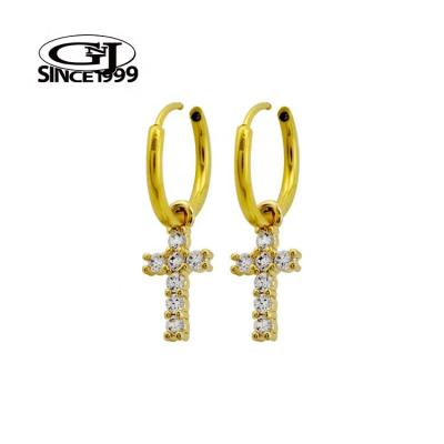 China TRENDY Gold Earring Sparkling Golden Dangling CZ Stone Cross Stainless Surgical Steel GNJ Custom Packaging Barcode Body Jewelry Huggie for sale