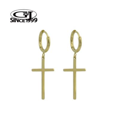 China Hip Hop Gold Earring Long Sleek Thin Dangling Cross Stainless Surgical Steel GNJ Custom Packaging Barcode Body Jewelry for sale