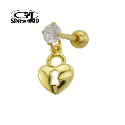 China TRENDY Gold Cartilage Piercing Feminine 3D Heart Locket CZ Crystal 316L Surgical Steel GNJ MANUFACTURING Body Jewelry Earring for sale