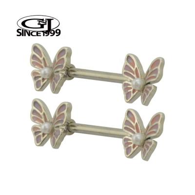 China TRENDY Nipple Piercing Cute Fluttering Pink Butterfly with Small Pearl 316L Surgical Steel GNJ MANUFACTURING Body Jewelry Barbell for sale