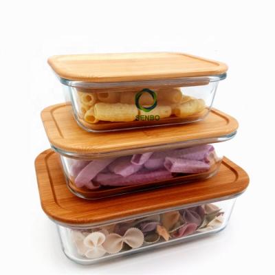 China Eco-Friendly Freshness Preservation Set of 3 High Borosilicate Glass Food Meal Prep Containers Lunch Box with Bamboo Lid for sale