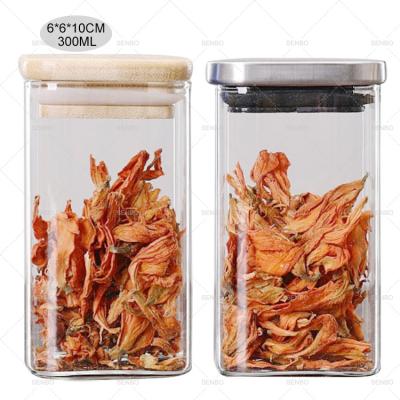 China Small Tall Sustainable Borosilicate Bottles Square Spice Glass Jars Bamboo Lids Label Storage Organizar for sale